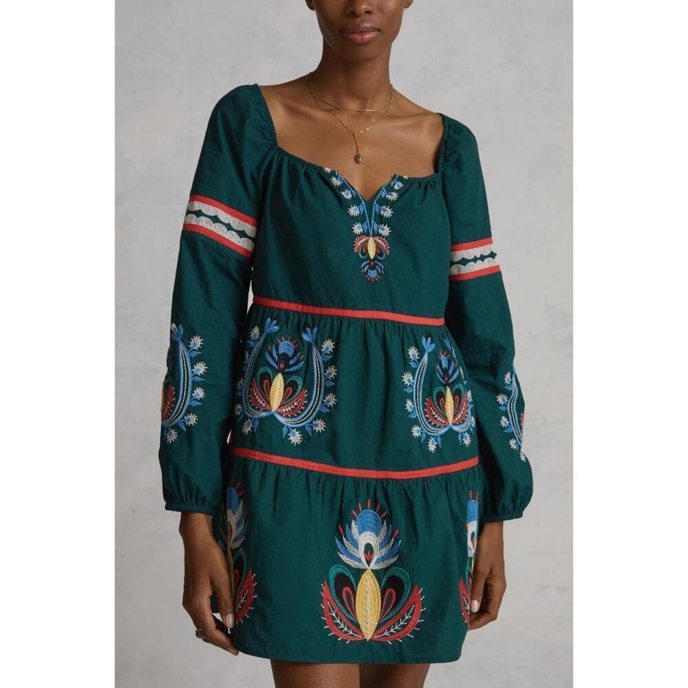 ANTHROPOLOGIE LET ME BE sz L Embroidered Tunic Dress in Green EEUC